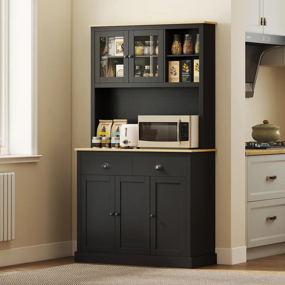 Freestanding Kitchen Cabinet, 71" Tall Pantry Cabinet, Modern Hutch with Wide Countertop, Adjustable Shelves, Black