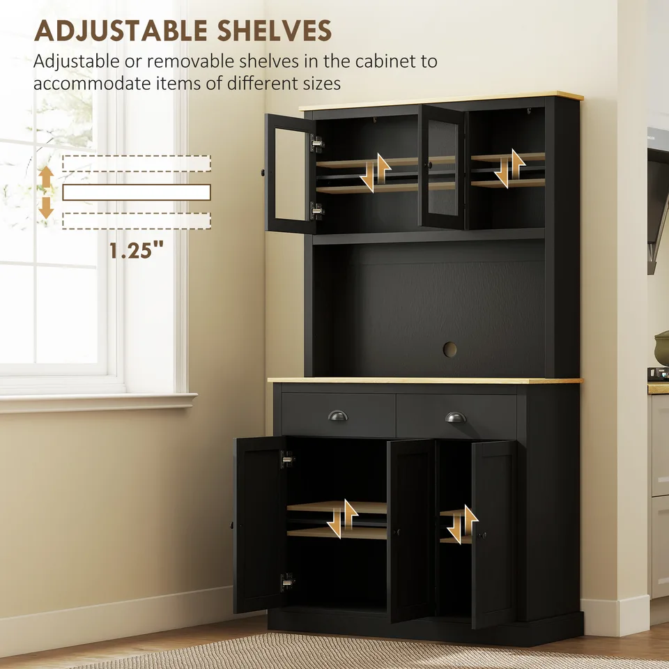 Freestanding Kitchen Cabinet, 71" Tall Pantry Cabinet, Modern Hutch with Wide Countertop, Adjustable Shelves, Black view 2