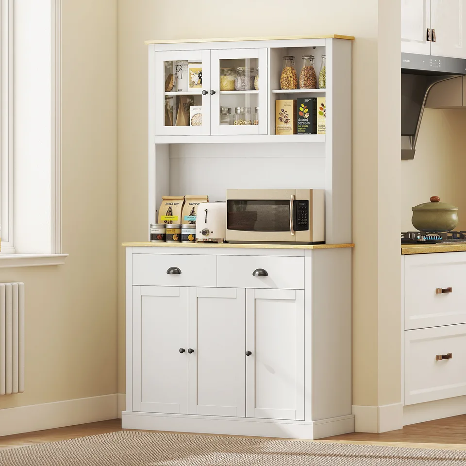 Freestanding Kitchen Cabinet, 71" Tall Pantry Cabinet, Modern Hutch with Wide Countertop, Adjustable Shelves, White