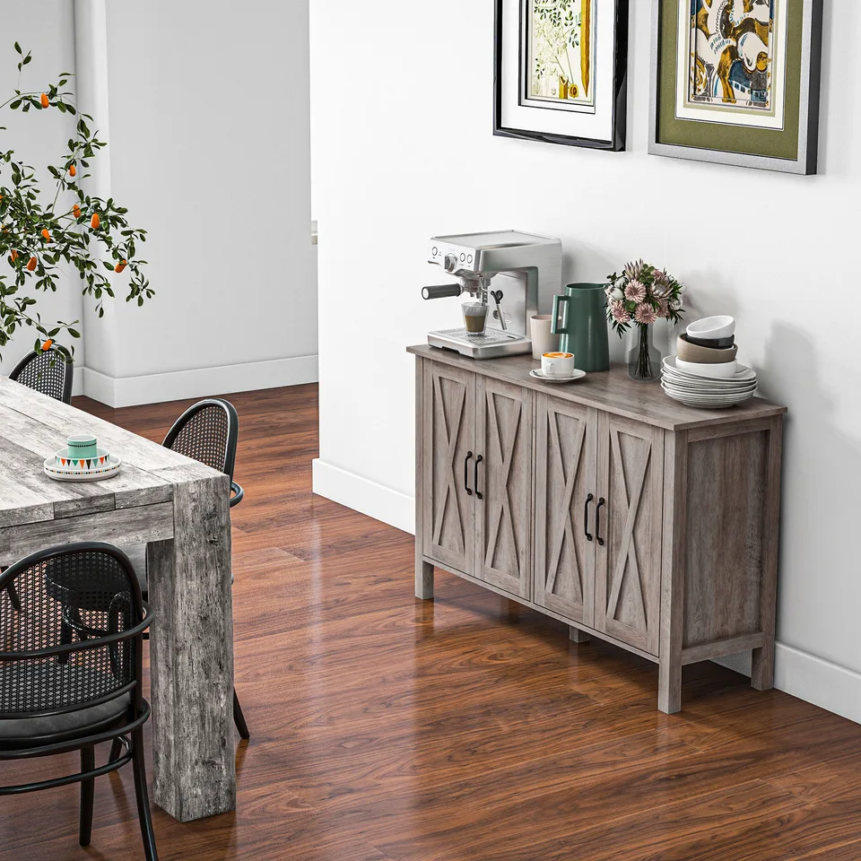 Sideboard Buffet with 4 Barn Doors and 2 Adjustable Shelves, Kitchen Buffet Cabinet for Living Room, Hallway, Gray view 2