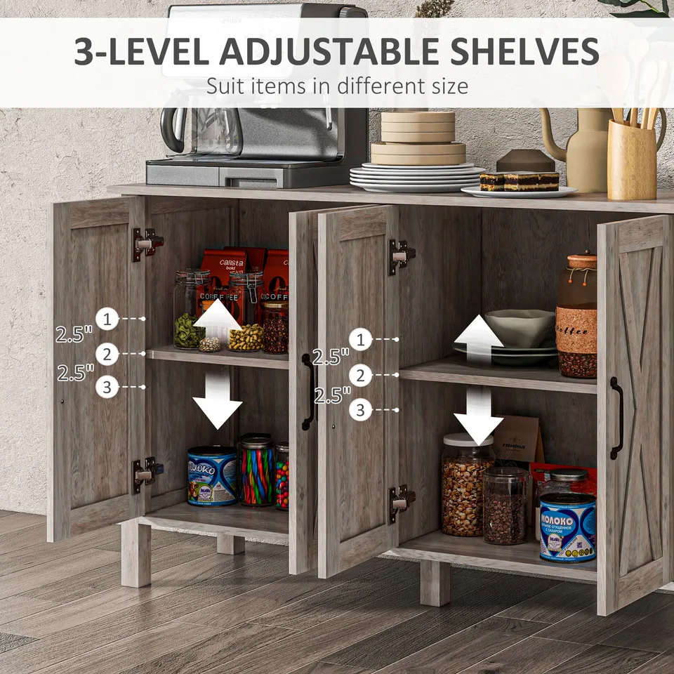Sideboard Buffet with 4 Barn Doors and 2 Adjustable Shelves, Kitchen Buffet Cabinet for Living Room, Hallway, Gray view 4