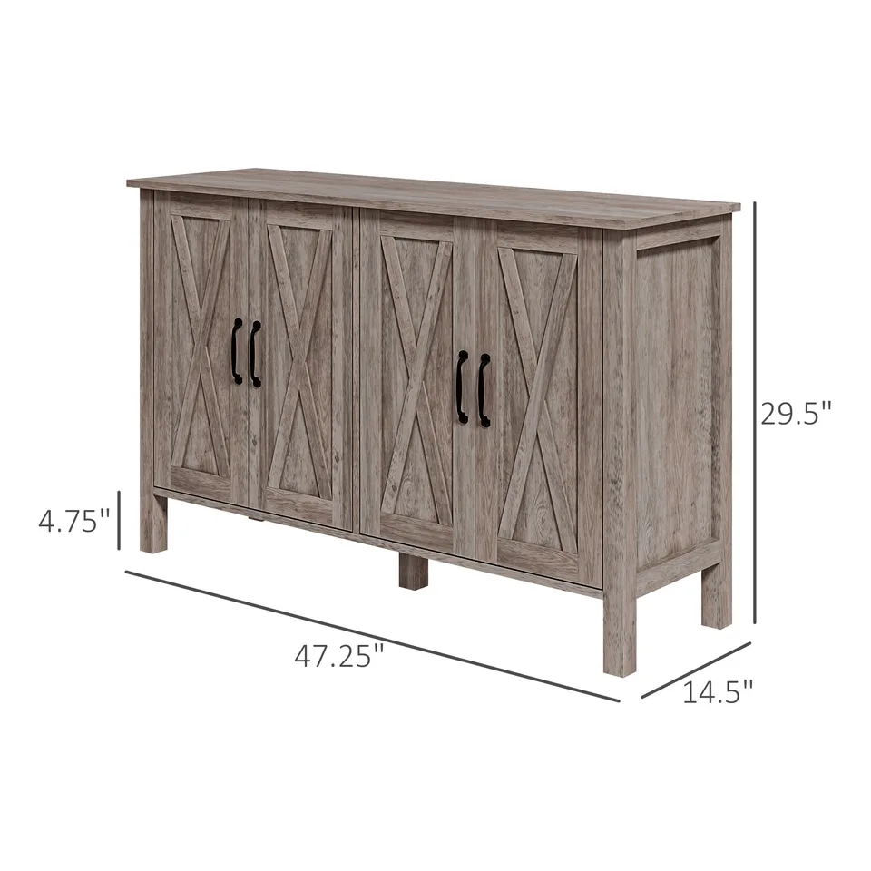 Sideboard Buffet with 4 Barn Doors and 2 Adjustable Shelves, Kitchen Buffet Cabinet for Living Room, Hallway, Gray view 3