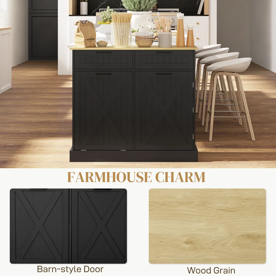 10 Gallon Farmhouse Kitchen Cabinet with Hidden Trash Can and 2 Drawers, Tilt Out Trash Can Cabinet for Kitchen, Black view 2