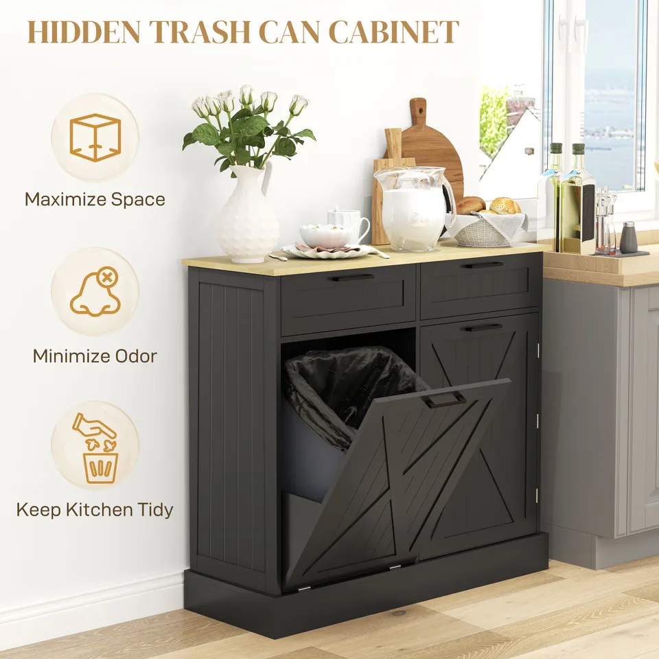 10 Gallon Farmhouse Kitchen Cabinet with Hidden Trash Can and 2 Drawers, Tilt Out Trash Can Cabinet for Kitchen, Black view 4