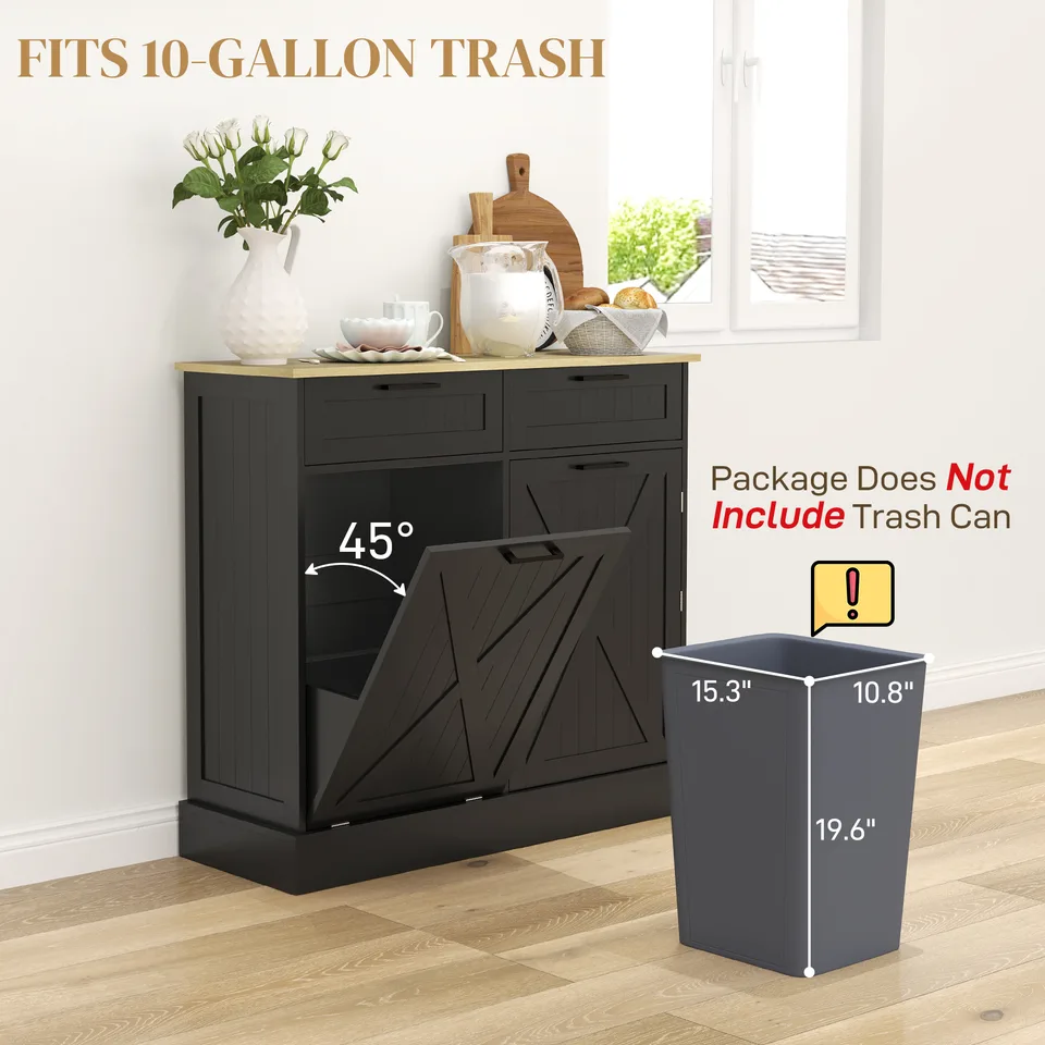 10 Gallon Farmhouse Kitchen Cabinet with Hidden Trash Can and 2 Drawers, Tilt Out Trash Can Cabinet for Kitchen, Black view 3