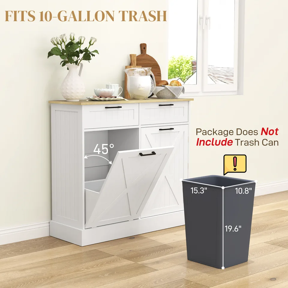 10 Gallon Farmhouse Kitchen Cabinet with Hidden Trash Can and 2 Drawers, Tilt Out Trash Can Cabinet for Kitchen, White view 3