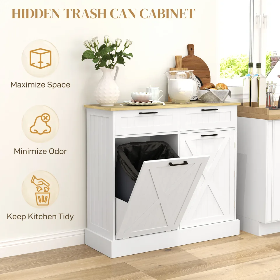 10 Gallon Farmhouse Kitchen Cabinet with Hidden Trash Can and 2 Drawers, Tilt Out Trash Can Cabinet for Kitchen, White view 2