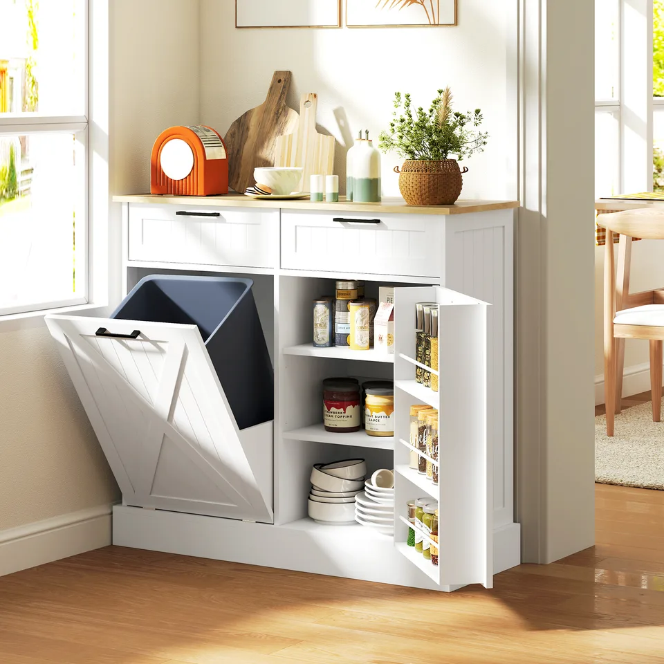 10 Gallon Farmhouse Kitchen Cabinet with Hidden Trash Can and 2 Drawers, Tilt Out Trash Can Cabinet for Kitchen, White