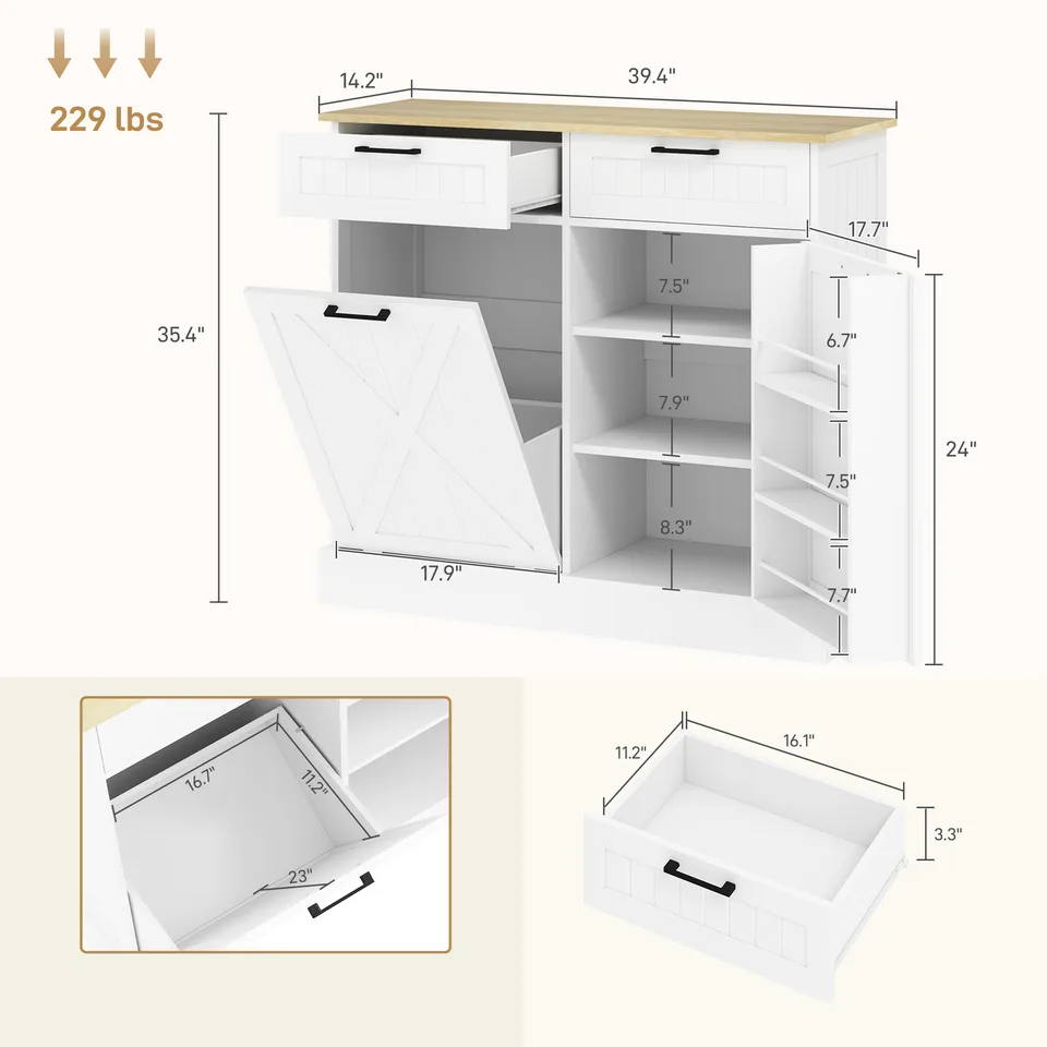 10 Gallon Farmhouse Kitchen Cabinet with Hidden Trash Can and 2 Drawers, Tilt Out Trash Can Cabinet for Kitchen, White view 4
