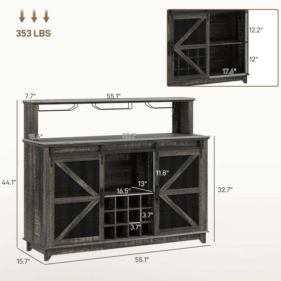 55" Coffee Bar Cabinet with Lights, Farmhouse Wine Cabinet with Wine and Glass Racks for Kitchen, Dining Room, Brown view 3