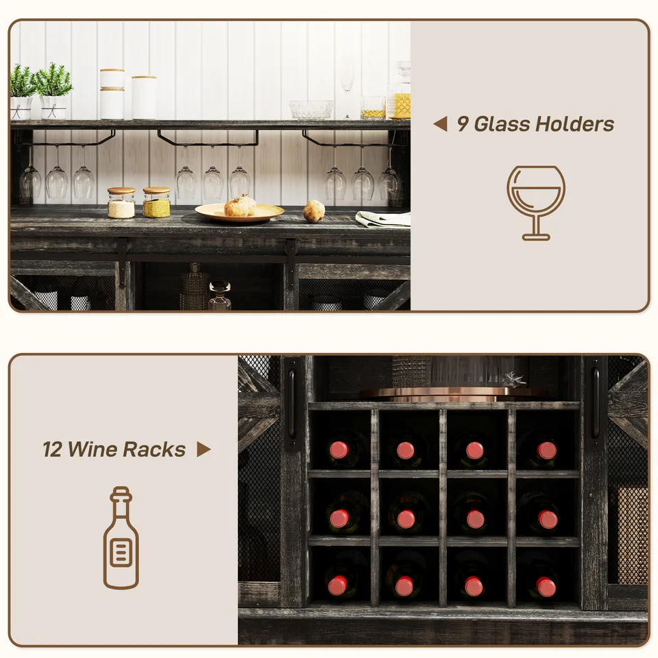 55" Coffee Bar Cabinet with Lights, Farmhouse Wine Cabinet with Wine and Glass Racks for Kitchen, Dining Room, Brown view 2