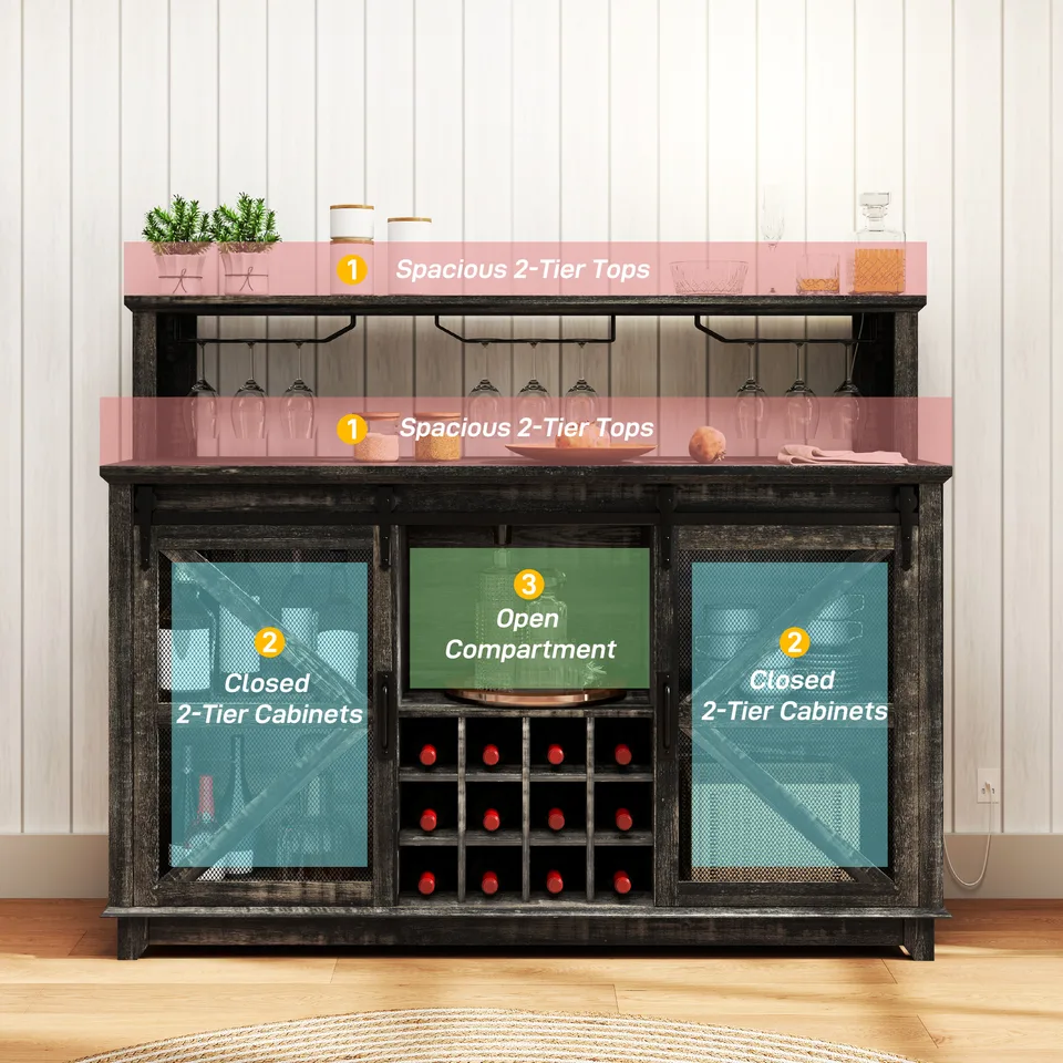 55" Coffee Bar Cabinet with Lights, Farmhouse Wine Cabinet with Wine and Glass Racks for Kitchen, Dining Room, Brown view 4