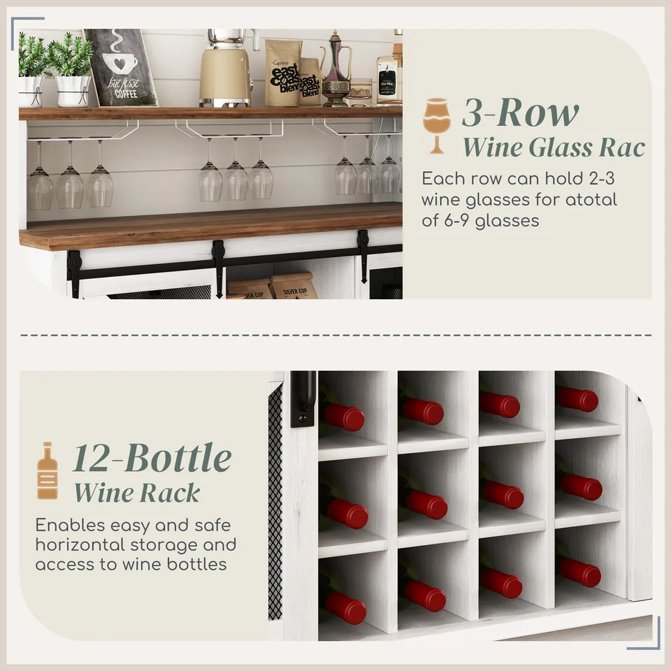55" Coffee Bar Cabinet with Lights, Farmhouse Wine Cabinet with Wine and Glass Racks for Kitchen, Dining Room, White view 3