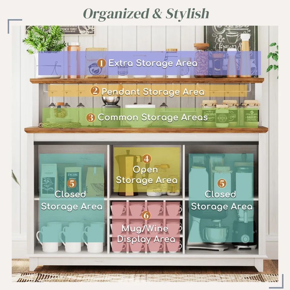 55" Coffee Bar Cabinet with Lights, Farmhouse Wine Cabinet with Wine and Glass Racks for Kitchen, Dining Room, White view 2