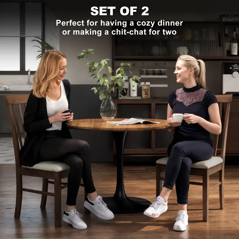 Wooden Dining Chairs Set of 2, Farmhouse Upholstered Kitchen Chairs with Rubber Wood Frame, Dark Brown and Beige view 3
