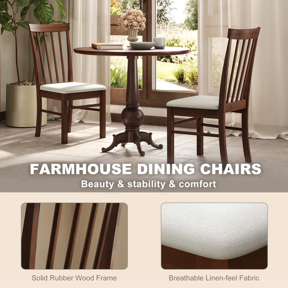 Wooden Dining Chairs Set of 2, Farmhouse Upholstered Kitchen Chairs with Rubber Wood Frame, Dark Brown and Beige view 2