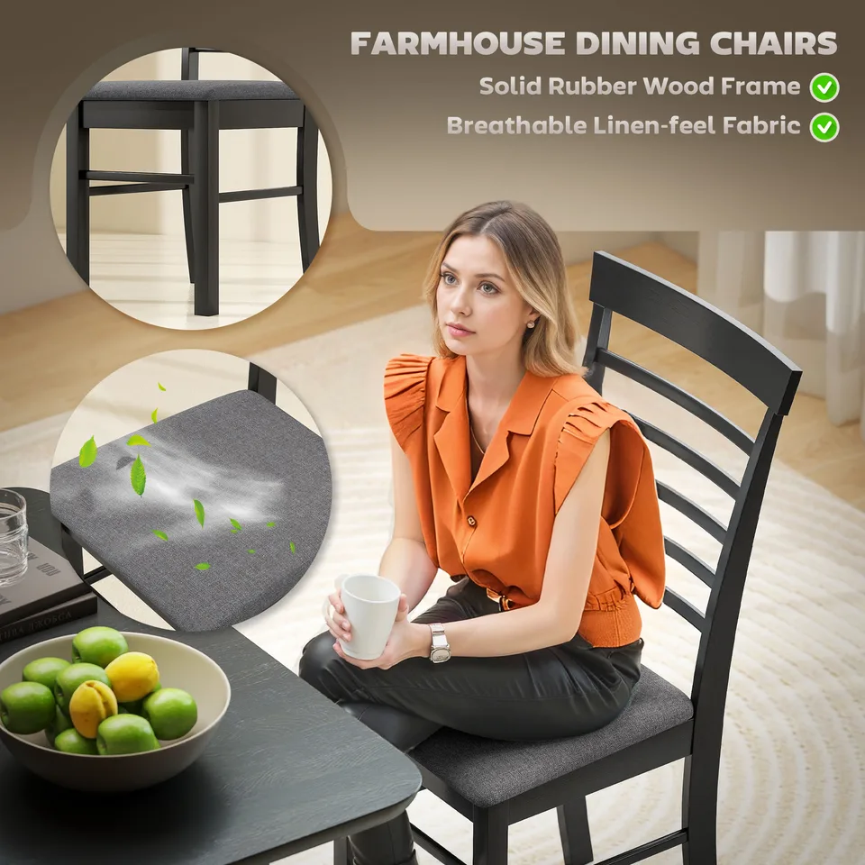 Wooden Dining Chairs Set of 2, Farmhouse Upholstered Kitchen Chairs with Rubber Wood Frame, Black and Gray view 2