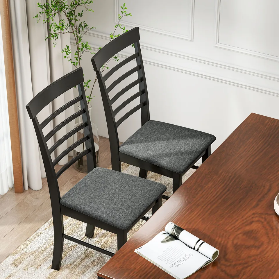 Wooden Dining Chairs Set of 2, Farmhouse Upholstered Kitchen Chairs with Rubber Wood Frame, Black and Gray view 3