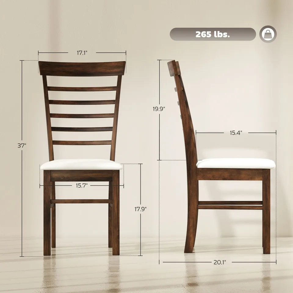 Wooden Dining Chairs Set of 2, Farmhouse Upholstered Kitchen Chairs with Rubber Wood Frame, Dark Brown and Beige view 2