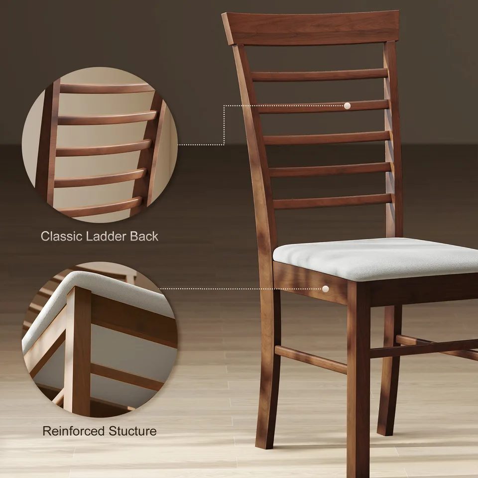 Wooden Dining Chairs Set of 2, Farmhouse Upholstered Kitchen Chairs with Rubber Wood Frame, Dark Brown and Beige view 3
