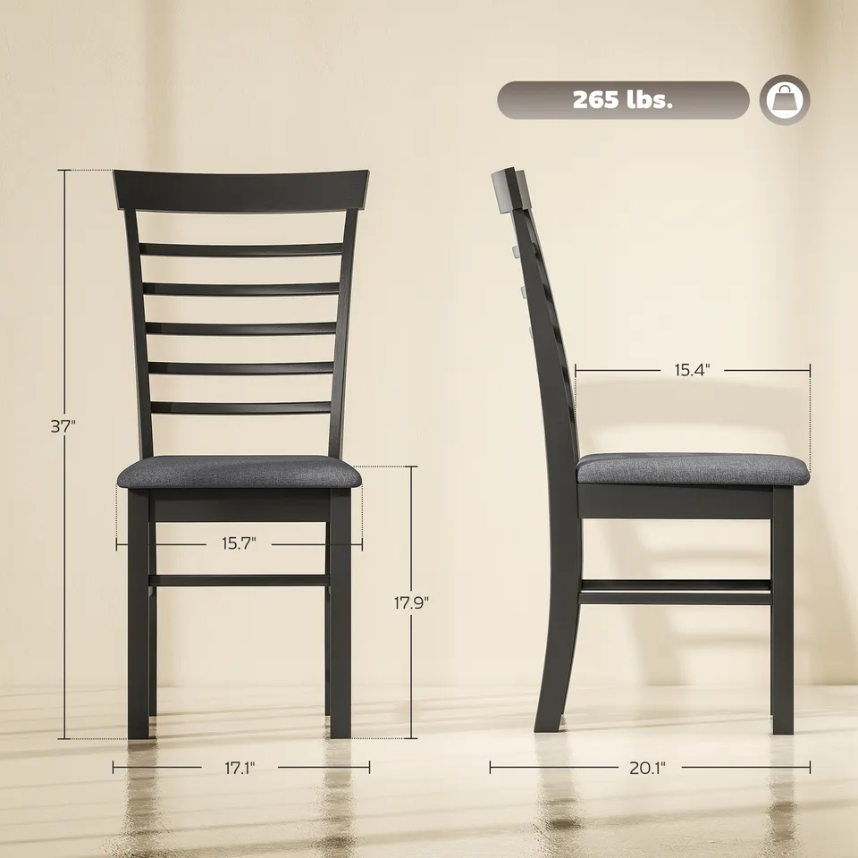 Wooden Dining Chairs Set of 4, Farmhouse Upholstered Kitchen Chairs with Rubber Wood Frame, Black and Gray view 2