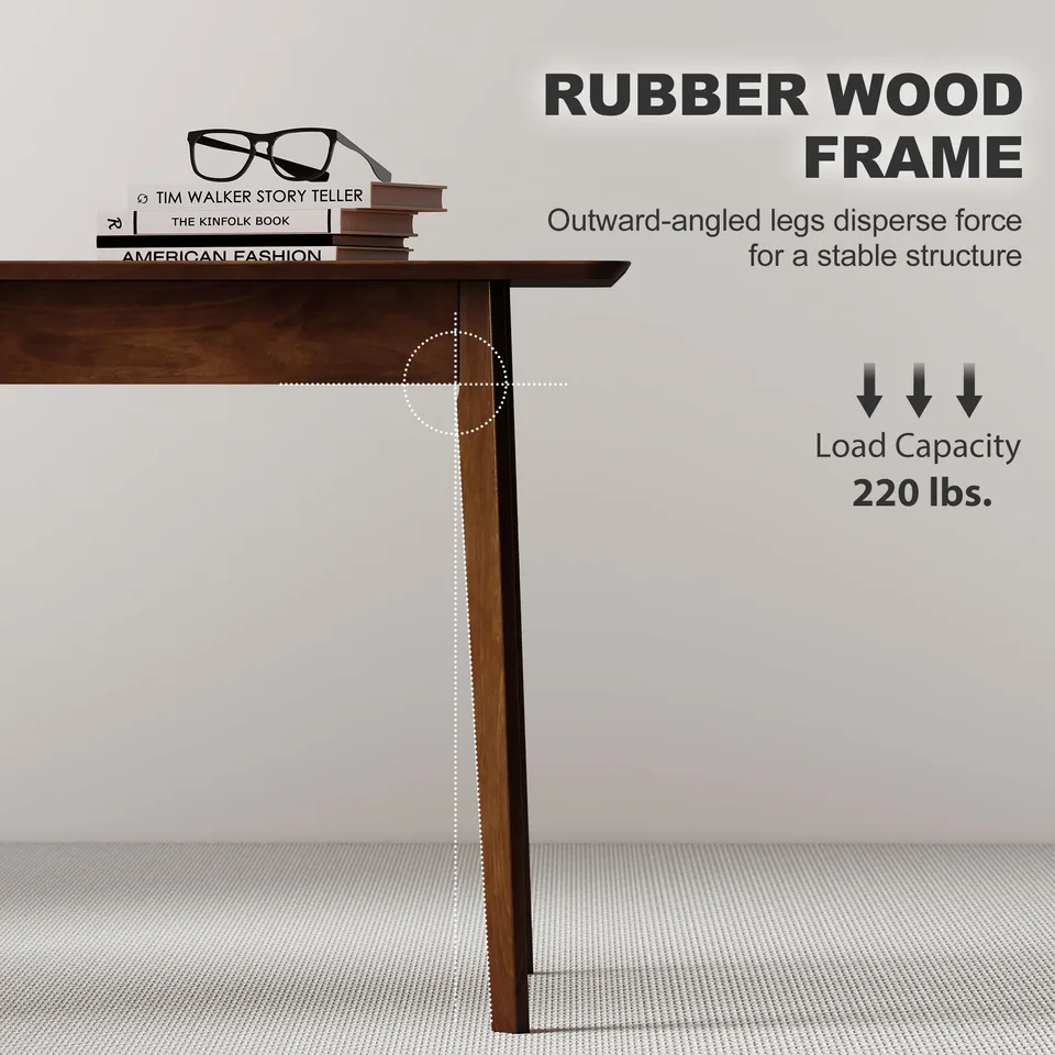 47.2" Rectangle Dining Table for 4, Mid-Century Modern Kitchen Table with Rubber Wood Legs for Dining Room, Walnut view 2