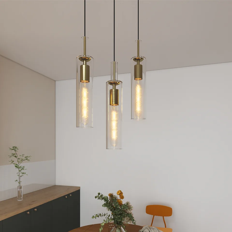Gold Pendant Light Fixtures, 3 Pack Modern Pendant Lighting With Clear Striped Glass Shade, Hanging Pendant Lights Kitchen Island, Farmhouse Pendant Lighting For Dining Room Bedroom Bathroom view 2