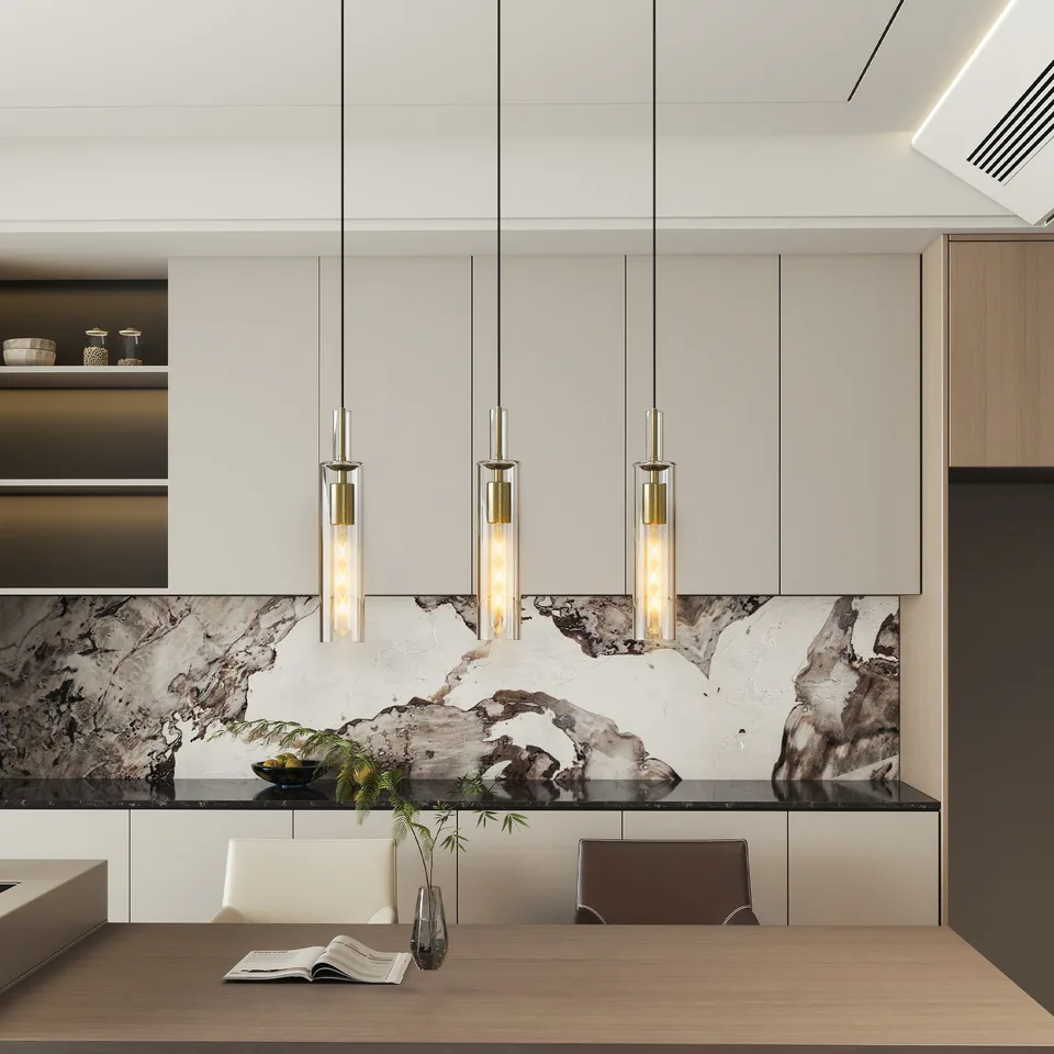 Gold Pendant Light Fixtures, 3 Pack Modern Pendant Lighting With Clear Striped Glass Shade, Hanging Pendant Lights Kitchen Island, Farmhouse Pendant Lighting For Dining Room Bedroom Bathroom view 3