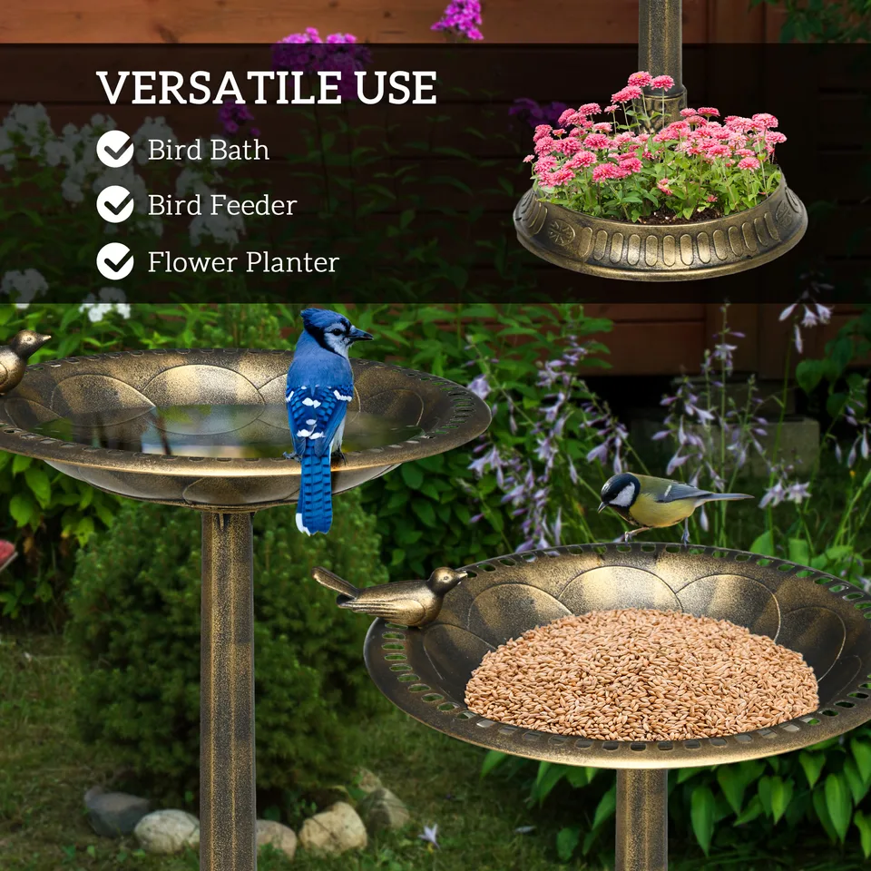 28" Antique Bird Bath Decorative Birdbath Bird Feeder Bowl with Planter Pedestal and Bird Statues, Bronze view 2