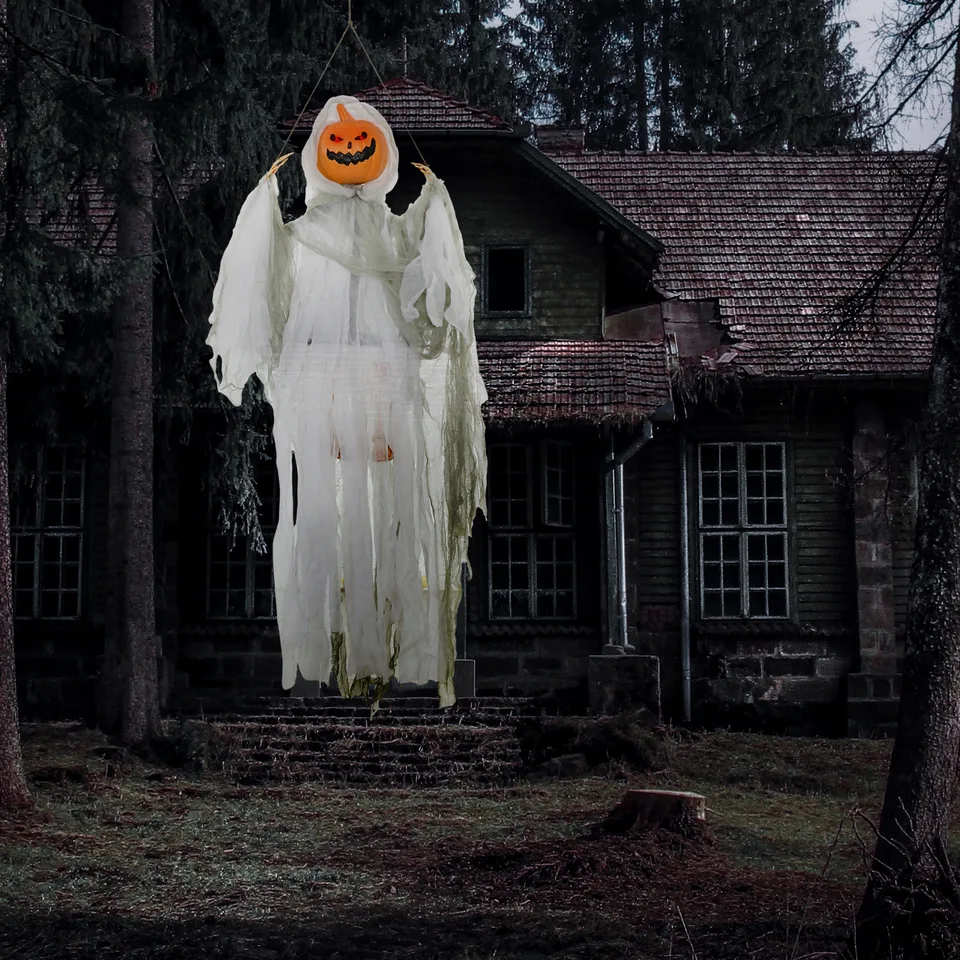 3.9 Outdoor Halloween Hanging Pumpkin Ghost w/ Light Up Eyes, Sound Activated Prop w/ Creepy Howling Sounds