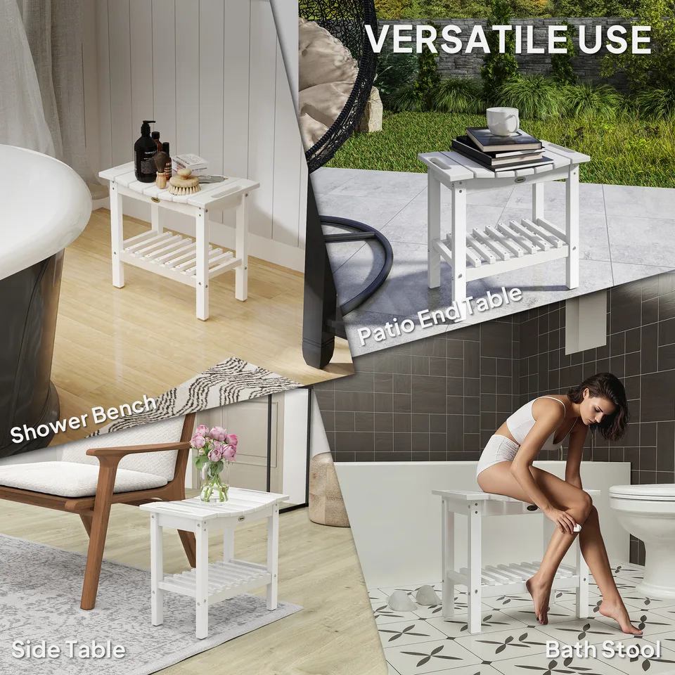 HDPE Shower Bench, Waterproof Shower Stool with Handle, Storage Shelf, Non-Slip Pads for Indoor Outdoor, White view 3