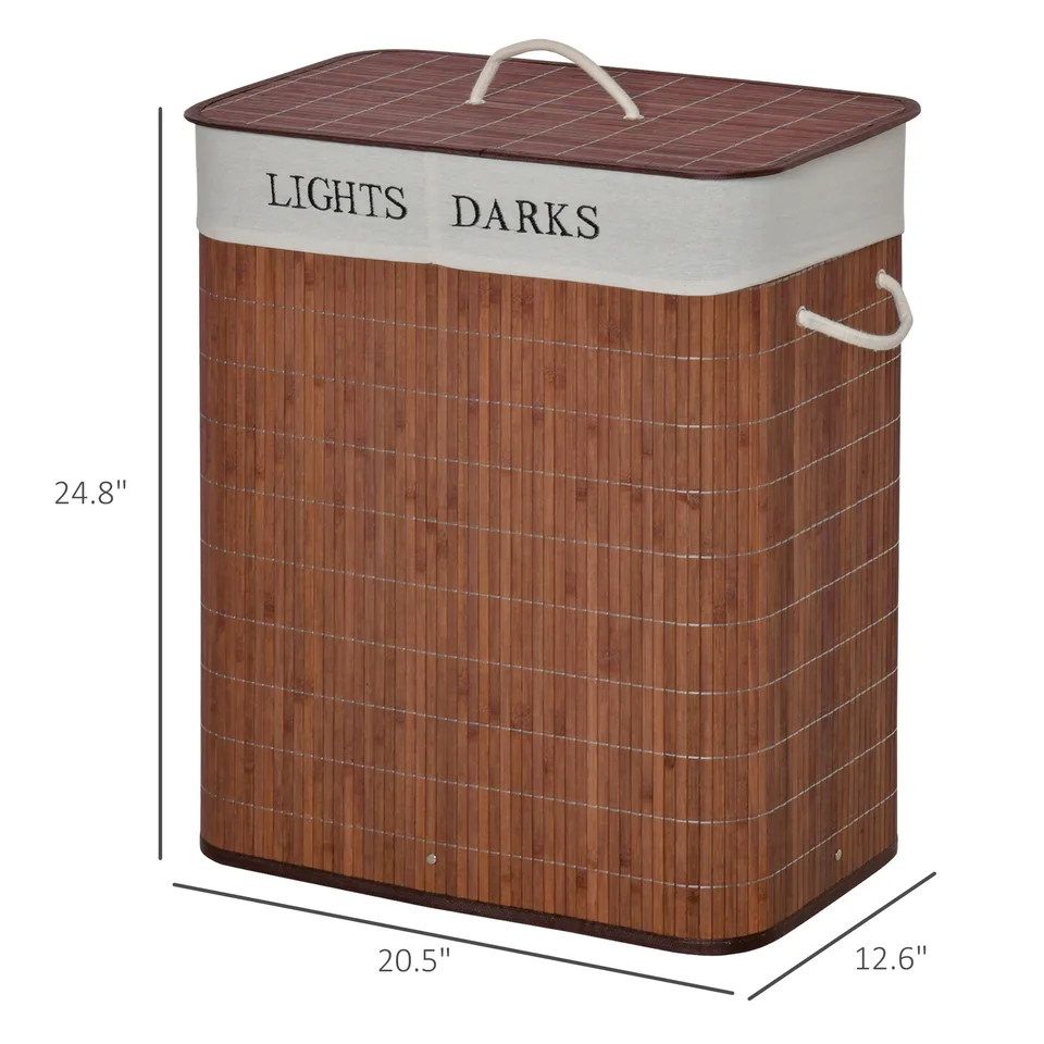 Bamboo Laundry Basket with Lid and String Handles, Collapsible Laundry Hamper with 2 Removable Bags, Brown view 2