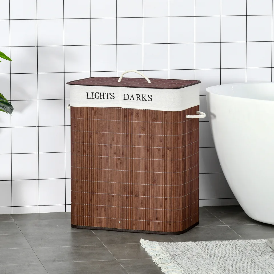 Bamboo Laundry Basket with Lid and String Handles, Collapsible Laundry Hamper with 2 Removable Bags, Brown