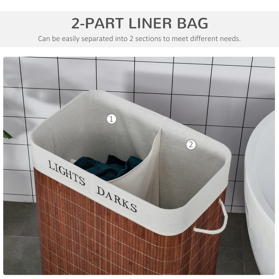 Bamboo Laundry Basket with Lid and String Handles, Collapsible Laundry Hamper with 2 Removable Bags, Brown view 7