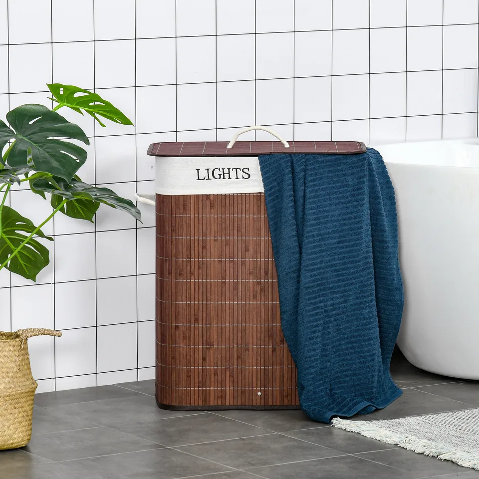 Bamboo Laundry Basket with Lid and String Handles, Collapsible Laundry Hamper with 2 Removable Bags, Brown view 5