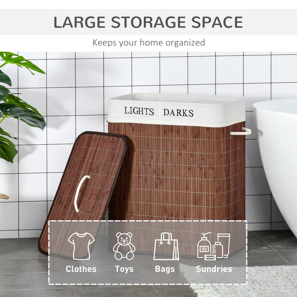 Bamboo Laundry Basket with Lid and String Handles, Collapsible Laundry Hamper with 2 Removable Bags, Brown view 3