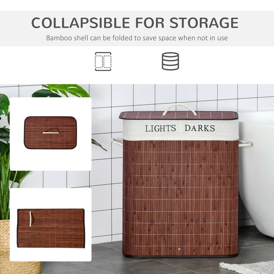 Bamboo Laundry Basket with Lid and String Handles, Collapsible Laundry Hamper with 2 Removable Bags, Brown view 6