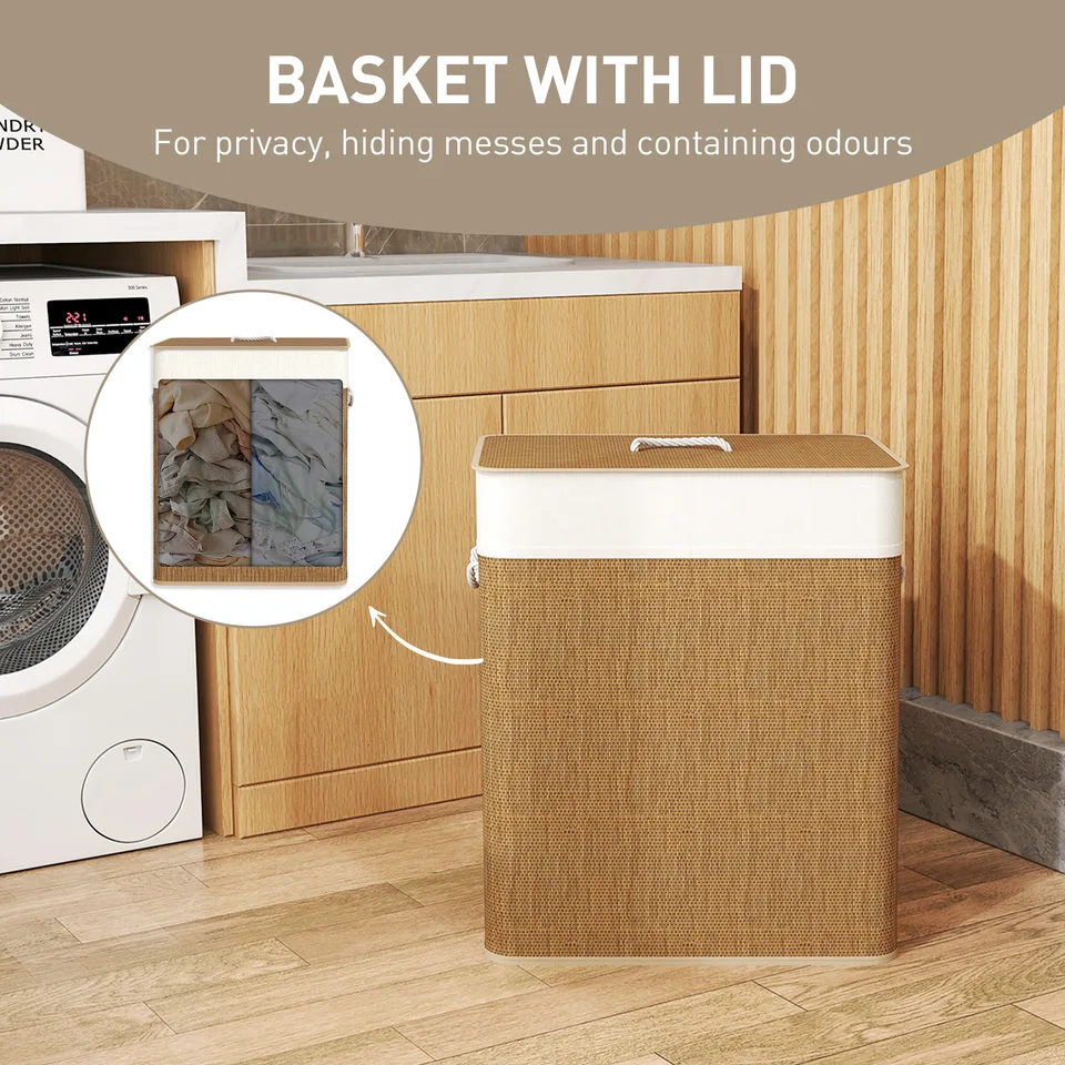 Double Laundry Basket with Lid, 26.4 Gallon Bamboo Laundry Hamper with Rope Handles and Removable Liner, Brown view 3