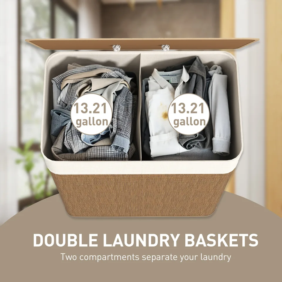 Double Laundry Basket with Lid, 26.4 Gallon Bamboo Laundry Hamper with Rope Handles and Removable Liner, Brown view 4