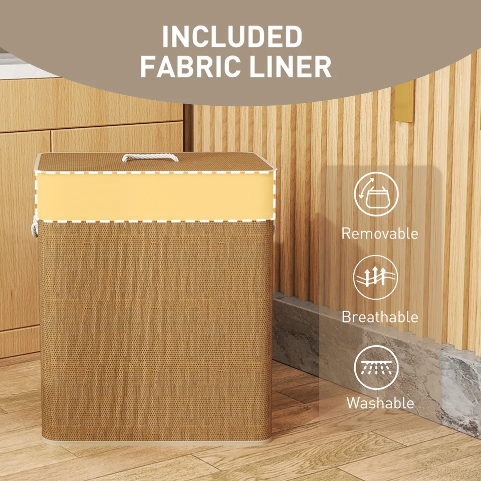Double Laundry Basket with Lid, 26.4 Gallon Bamboo Laundry Hamper with Rope Handles and Removable Liner, Brown view 2