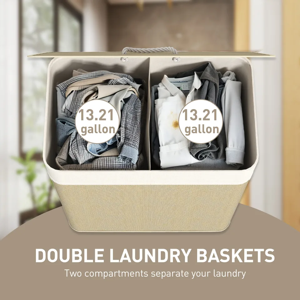 Double Laundry Basket with Lid, 26.4 Gallon Bamboo Laundry Hamper with Rope Handles and Removable Liner, Natural view 2