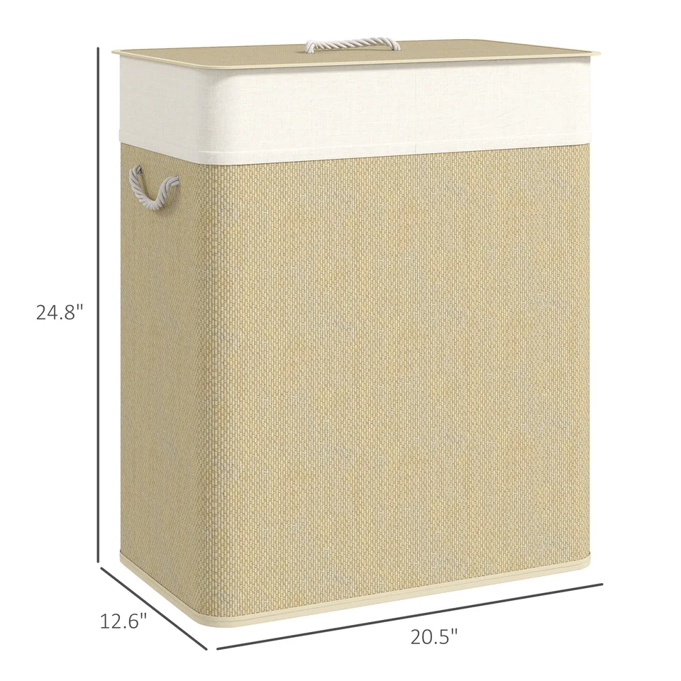 Double Laundry Basket with Lid, 26.4 Gallon Bamboo Laundry Hamper with Rope Handles and Removable Liner, Natural view 3