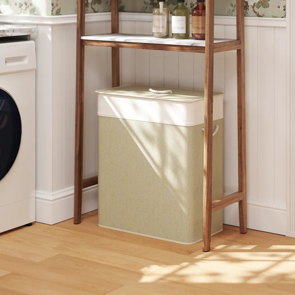 Double Laundry Basket with Lid, 26.4 Gallon Bamboo Laundry Hamper with Rope Handles and Removable Liner, Natural