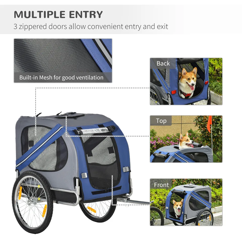 Bike Trailer Cargo Cart for Dogs and Pets with 3 Entrances Large Wheels for Off-Road & Mesh Screen, Blue/Gray view 2