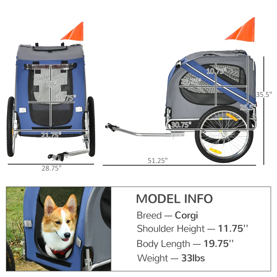 Bike Trailer Cargo Cart for Dogs and Pets with 3 Entrances Large Wheels for Off-Road & Mesh Screen, Blue/Gray view 3