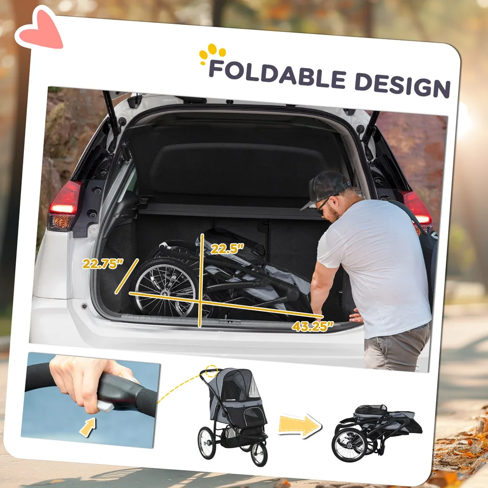 3 Wheels Pet Stroller for Small Dogs and Medium Dogs with Adjustable Canopy, Safety Tether, Storage Basket, Gray view 3