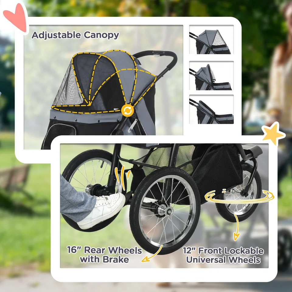 3 Wheels Pet Stroller for Small Dogs and Medium Dogs with Adjustable Canopy, Safety Tether, Storage Basket, Gray view 2