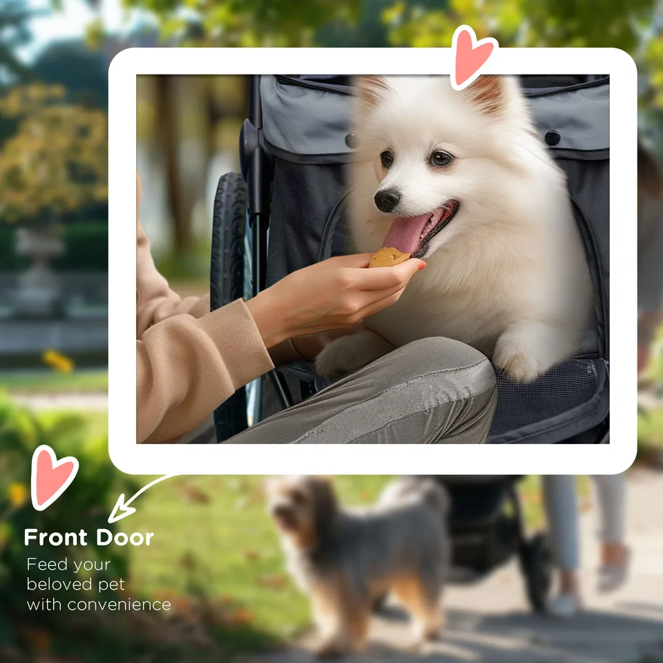 3 Wheels Pet Stroller for Small Dogs and Medium Dogs with Adjustable Canopy, Safety Tether, Storage Basket, Gray view 4