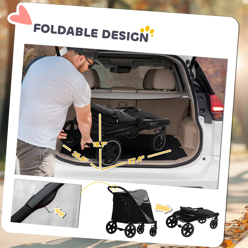 Dog Stroller for Large Medium Small Dogs up to 66 Lbs. 23.5" in Body Length, One-Click Foldable Pet Cat Stroller with Storage, Shock view 4