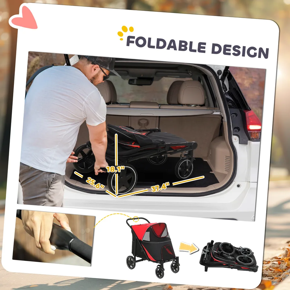 Dog Stroller for Large Medium Small Dogs up to 66 Lbs. 23.5" in Body Length, One-Click Foldable Pet Cat Stroller with Storage, Shock view 3
